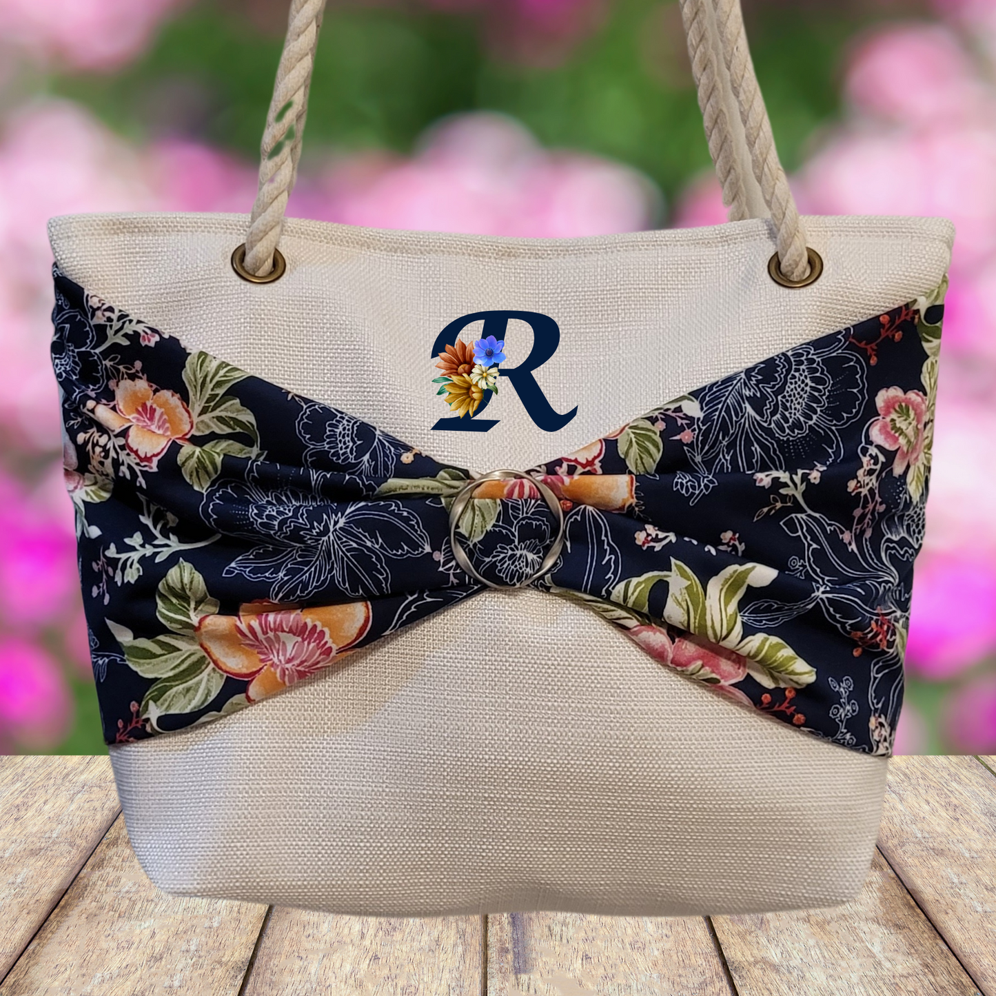 Ultra Unique Personalized Summer Floral and Linen Shoulder Tote Bag