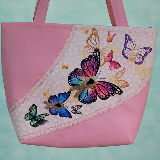 Pink Leather Shoulder Bag with Cancer Ribbon Butterflies