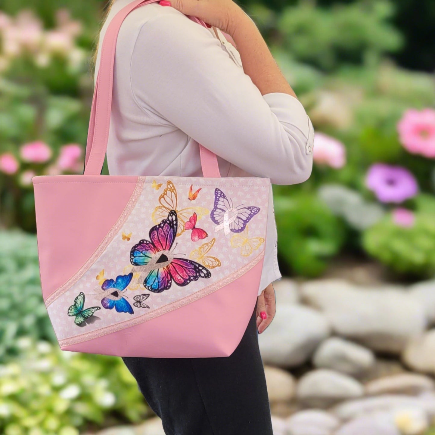 Pink Leather Shoulder Bag with Cancer Ribbon Butterflies