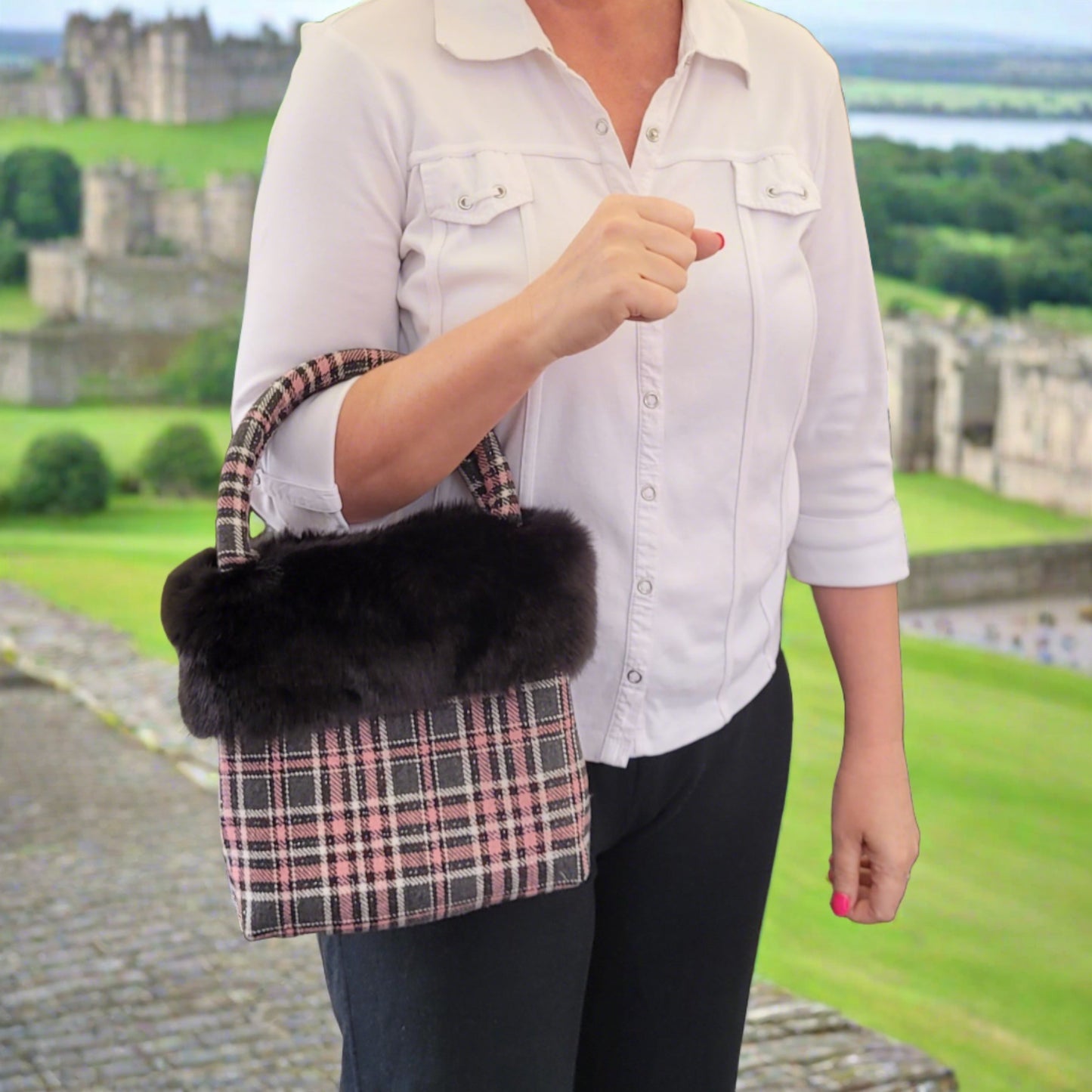 Pink Tartan and Fur Handbag