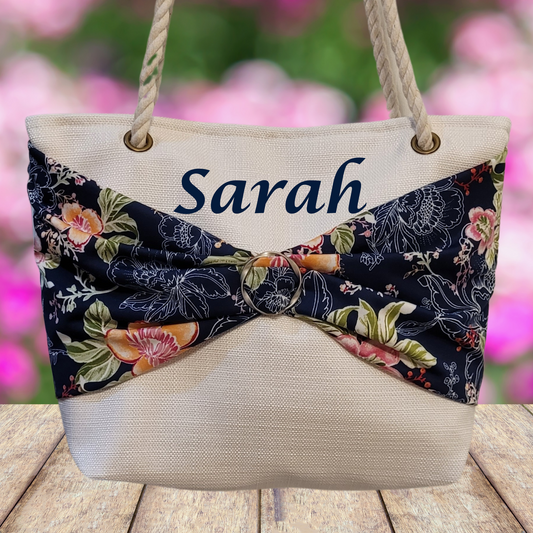 Ultra Unique Personalized Summer Floral and Linen Shoulder Tote Bag